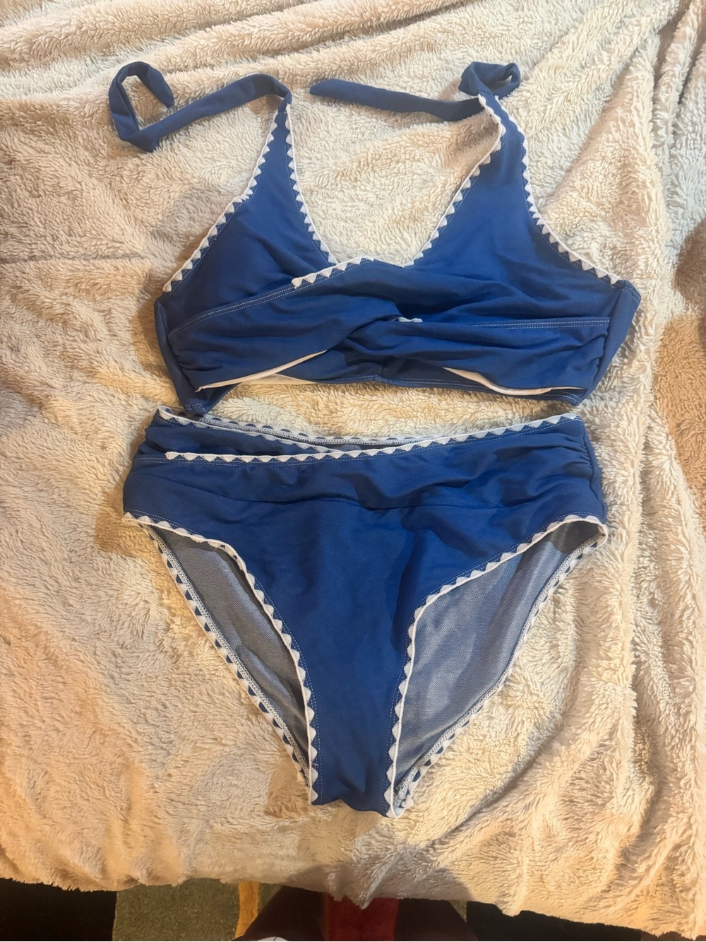 Blue Two-Piece Bikini Set with White Trim